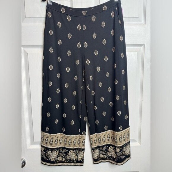 J. Jill Wearever Wide Leg Cropped Pants Black Small Floral Paisley Chic Travel - Picture 2 of 6
